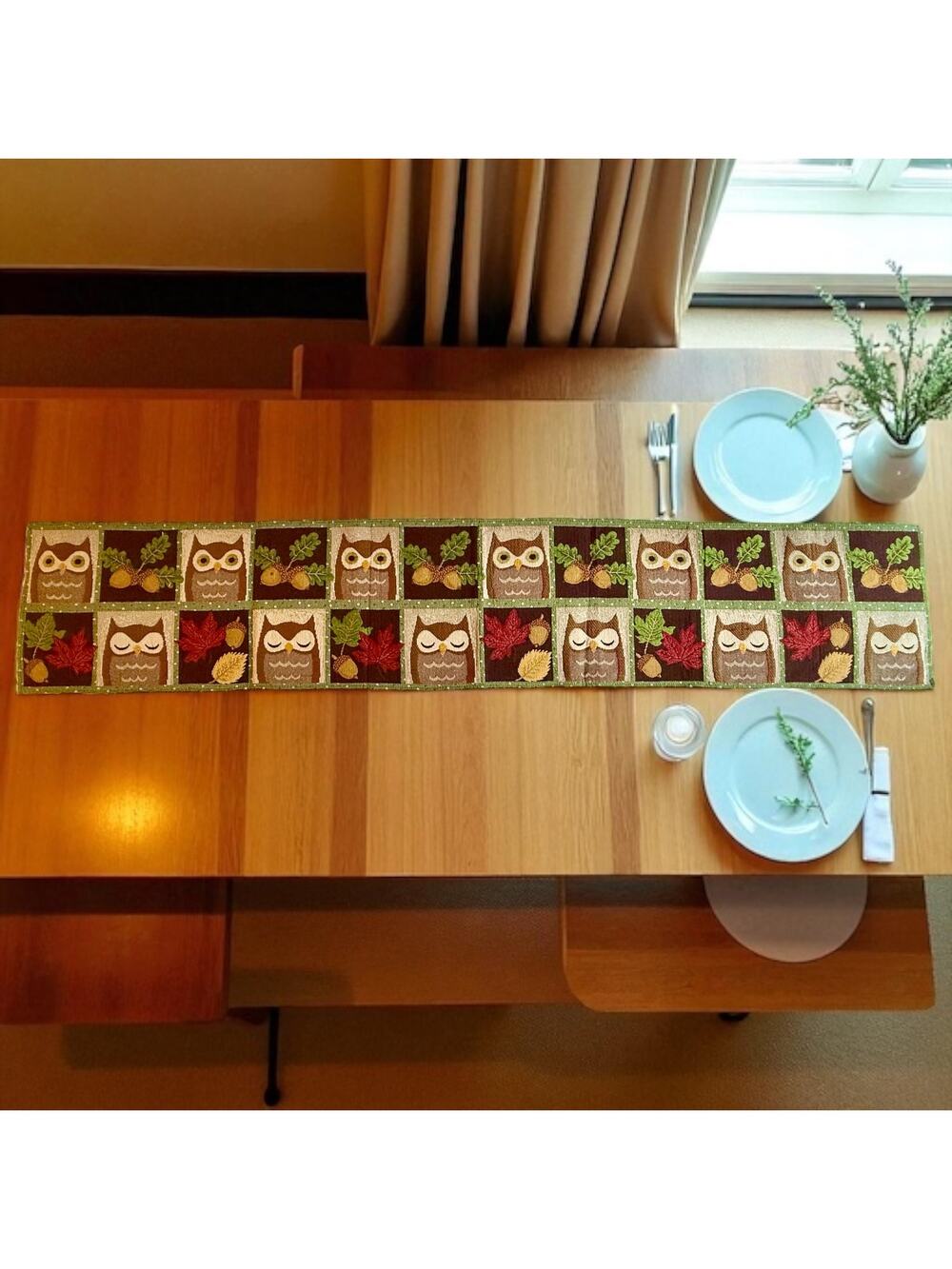 Very Nice 69" x 13" Rectangular Owls Acorns Leaves Fall Tapestry Table Runner